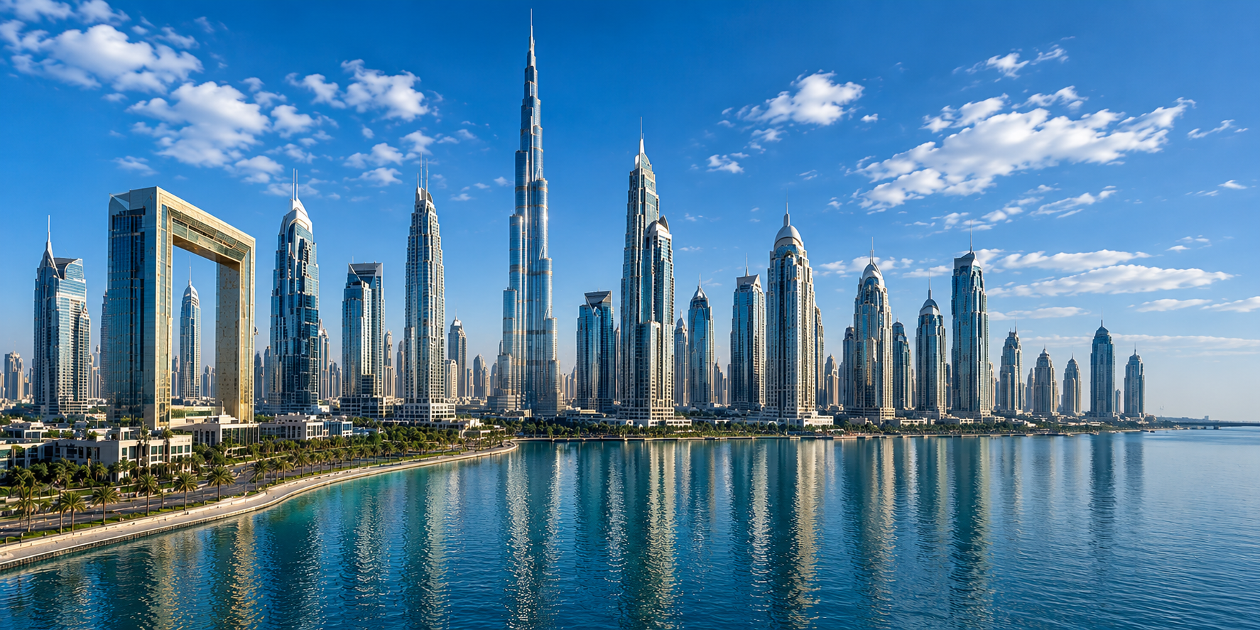 Dubai skyline at dusk, including the Burj Khalifa
