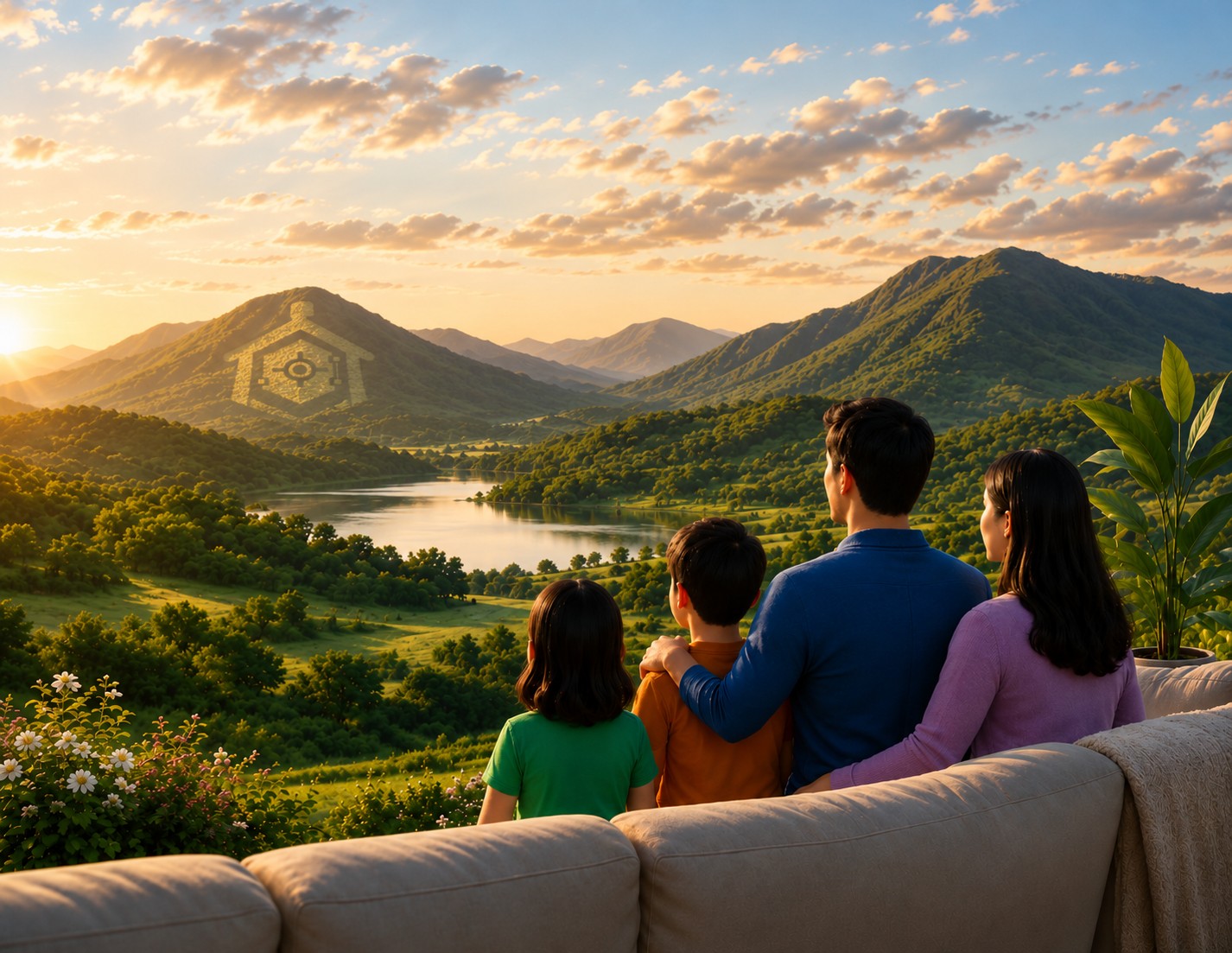 A family looking out at a green valley and lake from their sofa