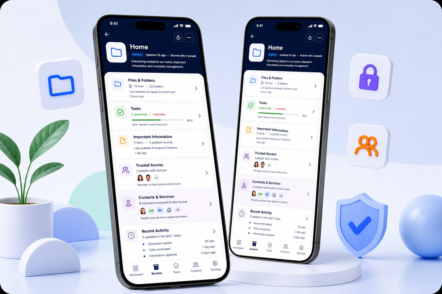 Two phone screens showing a LifeKeep Home bucket with files, tasks, trusted access and contacts