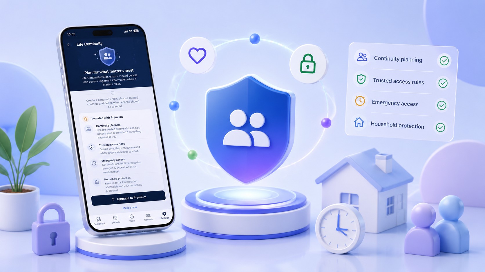 LifeKeep Life Continuity screen with continuity planning, trusted access rules, emergency access and household protection