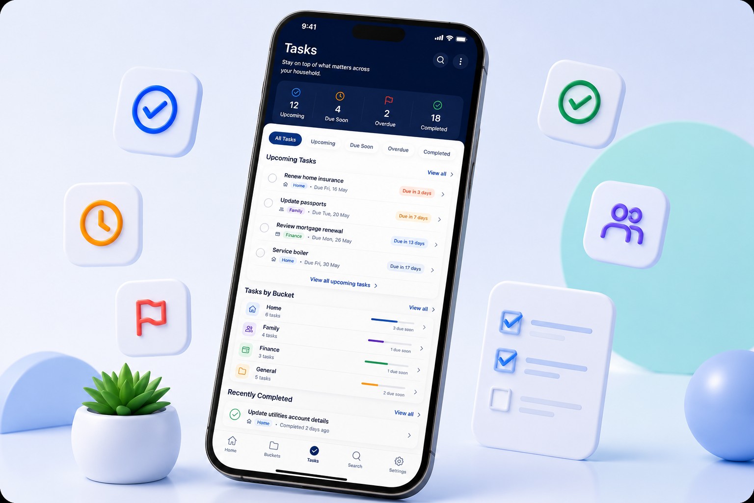 LifeKeep Tasks screen showing upcoming, due soon, overdue and completed tasks across buckets