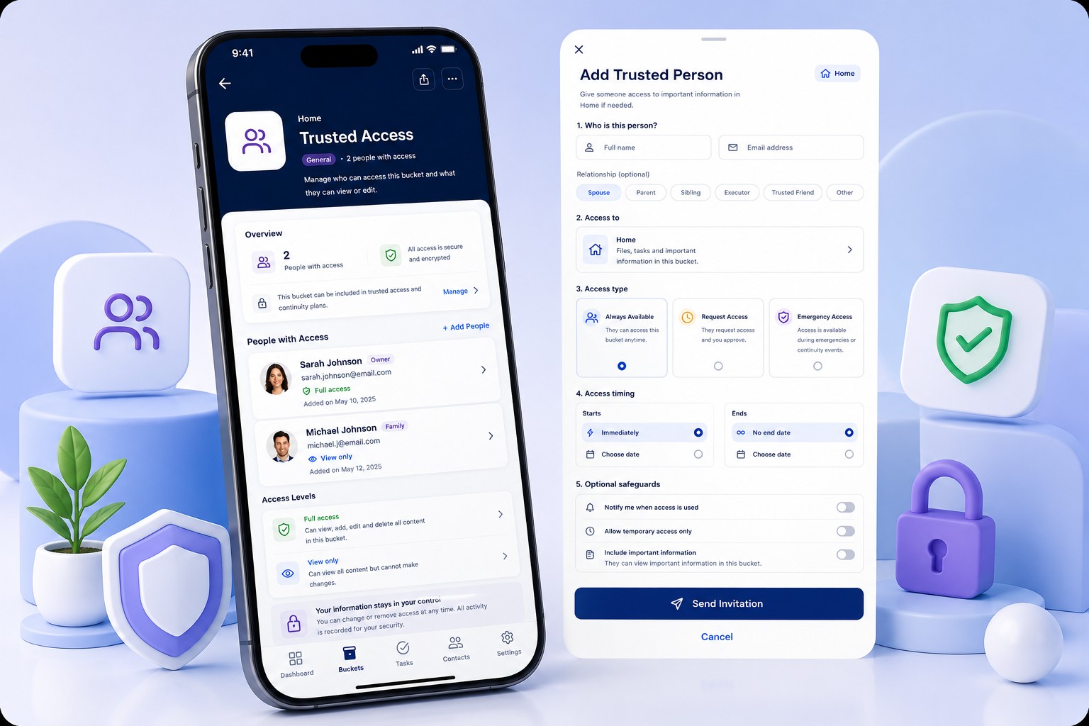 LifeKeep Trusted Access screen and Add Trusted Person form showing access levels and permissions