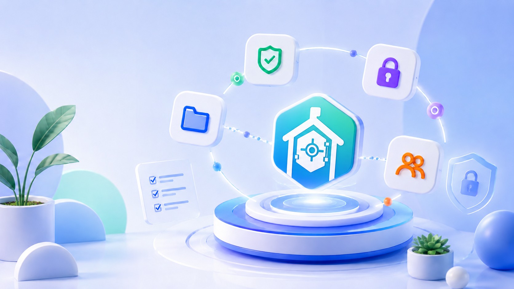 LifeKeep icon on a pedestal surrounded by icons for buckets, security, locking, trusted access and tasks