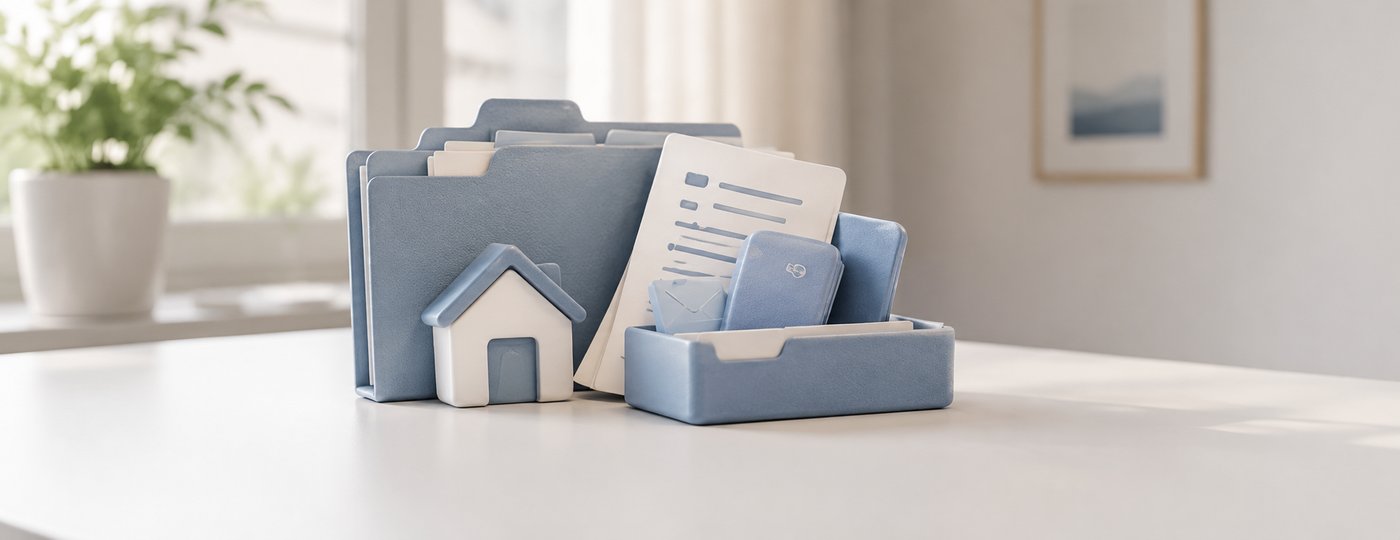 A folder, document and house icon organised on a desk