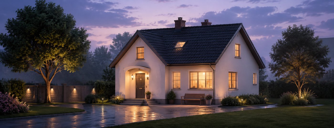 A family home glowing warmly at dusk