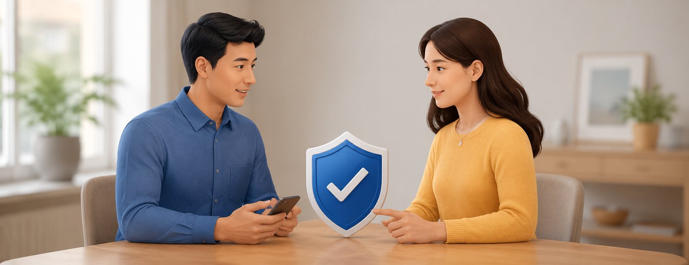 A couple at a table sharing access on a phone, with a security shield icon