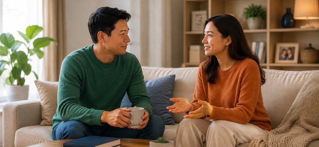 A couple talking together on the sofa at home