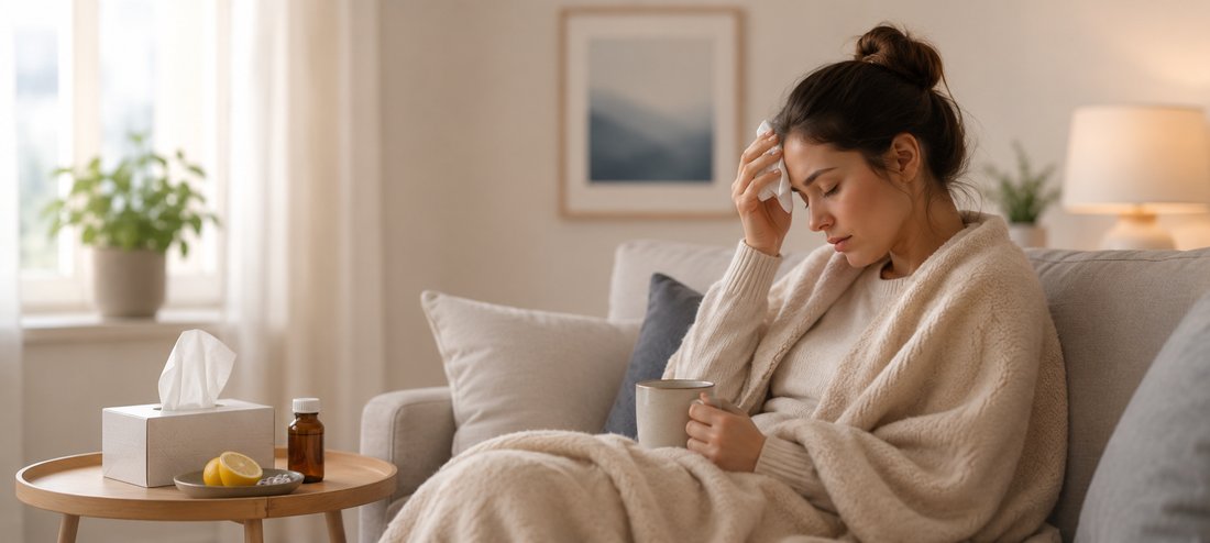 A woman resting on the sofa at home while unwell