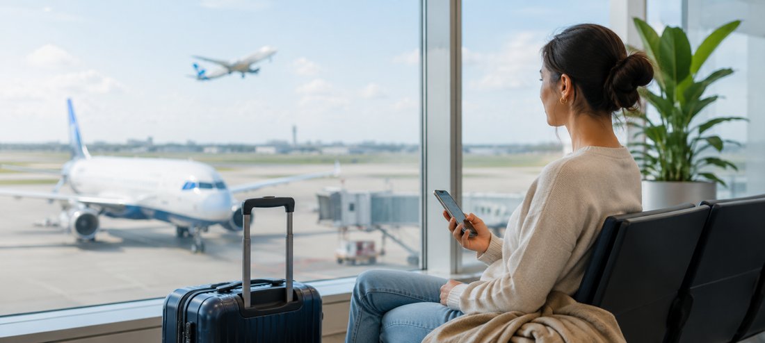 A woman checking her phone while waiting at an airport gate