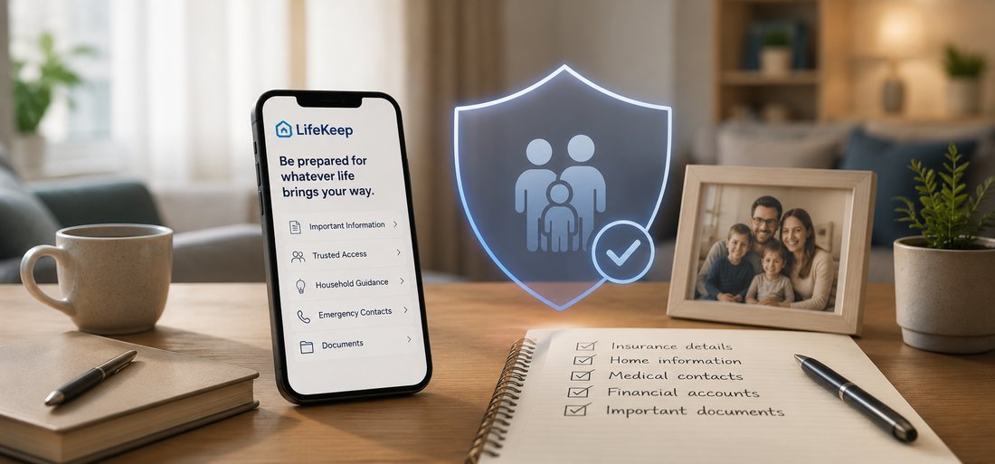 A phone displaying LifeKeep on a desk beside a family photo and a security shield icon