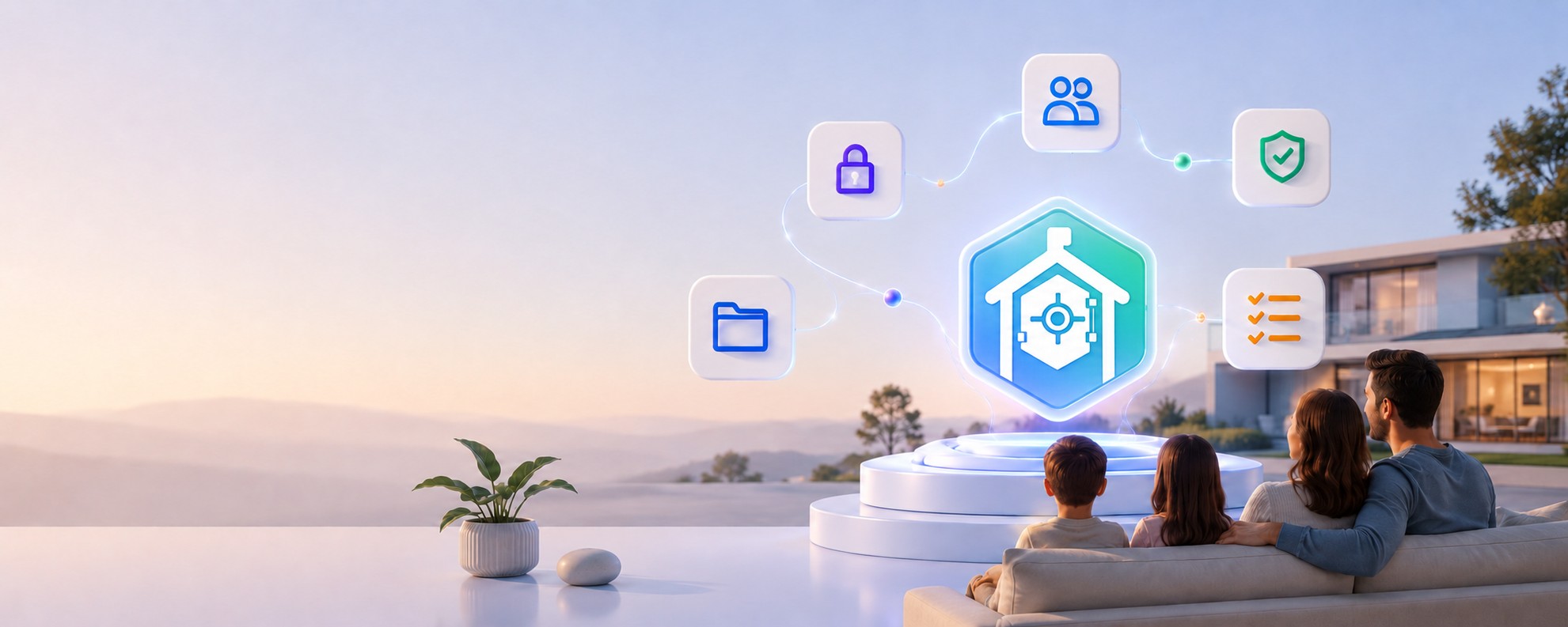 A family relaxing at home with LifeKeep's icons for folders, security, trusted access, tasks and protection floating above a pedestal