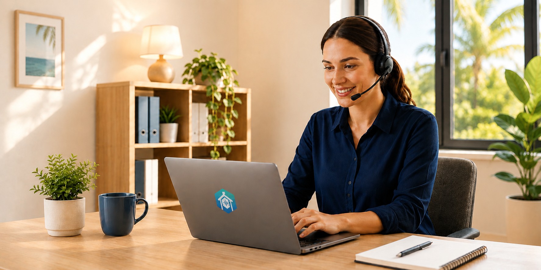 A friendly support agent wearing a headset, helping a customer from her laptop